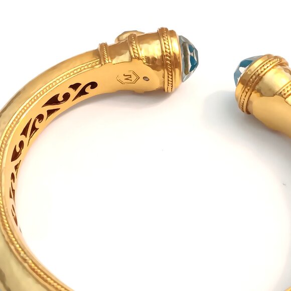 Julie Vos Cuff Hinged Bangle Bracelet Gold Plated & Turquoise Blue Glass Stone - Picture 5 of 5
